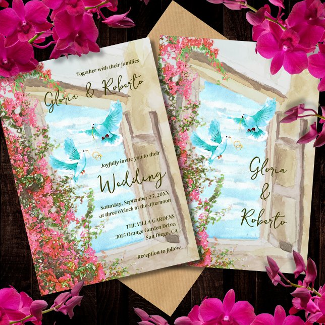 Convite Casamento Rustic Turquoise Lovebird Bougainvillea (Criador carregado)