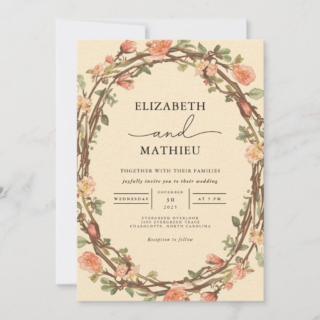 Convite Casamento Rustic Twig Blossom Frame (Frente)