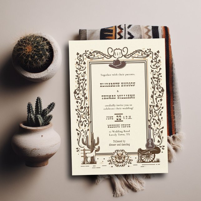 Convite Casamento Rustic Vintage Cowboy Botânico Ocidental (rustic vintage cowboy wedding invitation country western frame horse cowboy horse botanical monogram)
