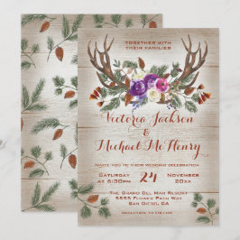 Convite Casamento Rustic Watercolor Antlers & Pine Branche