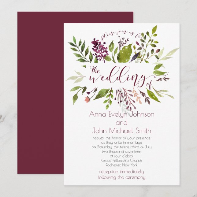 Convite Casamento Rustic Watercolor Berries | (Frente/Verso)
