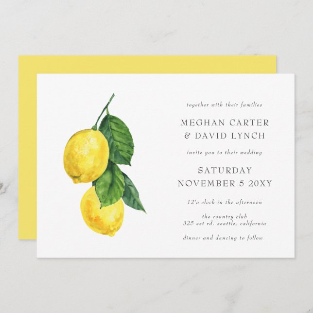 Convite Casamento Rustic Watercolor Citrus Lemon (Frente/Verso)