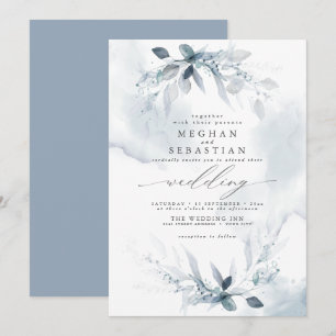 Convite Casamento Rustic Watercolor custo Foliage Azul Dus