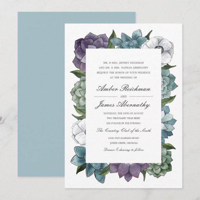 Convite Casamento Rustic Watercolor Floral Succulents (Frente/Verso)