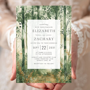 Convite Casamento Rustic Watercolor Floresta Dourada Verde