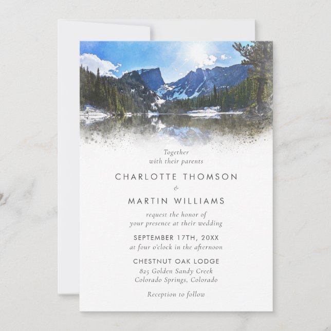 Convite Casamento Rustic Watercolor Lakeside Mountain (Frente)