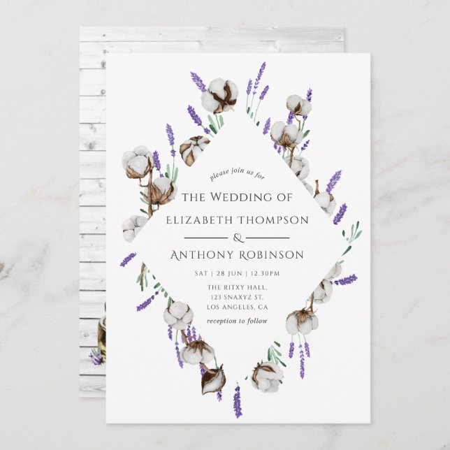 Convite Casamento Rustic Watercolor Lavanda Cotton Country (Frente/Verso)
