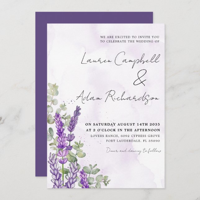 Convite Casamento Rustic Watercolor Lavanda & Eucalyputus (Frente/Verso)