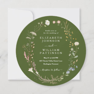 Convite Casamento Rustic Watercolor Moss Green Wildflower