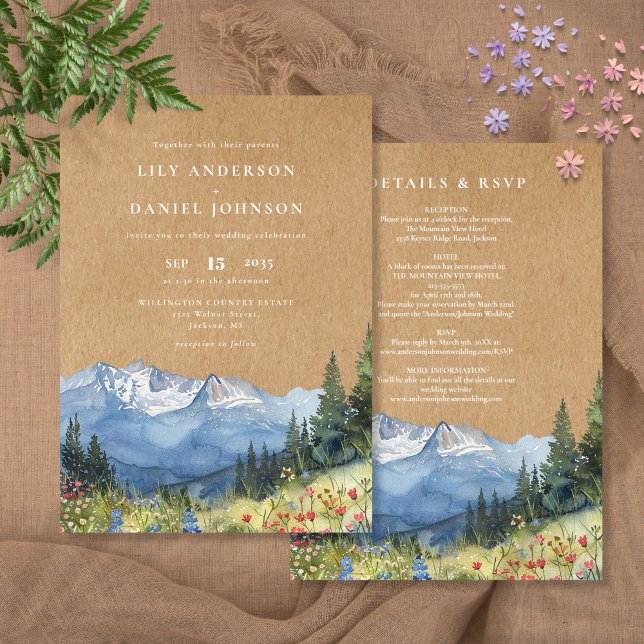 Convite Casamento Rustic Watercolor Mountain (Rustic Watercolor Mountain Wildflower Wedding Invitation)