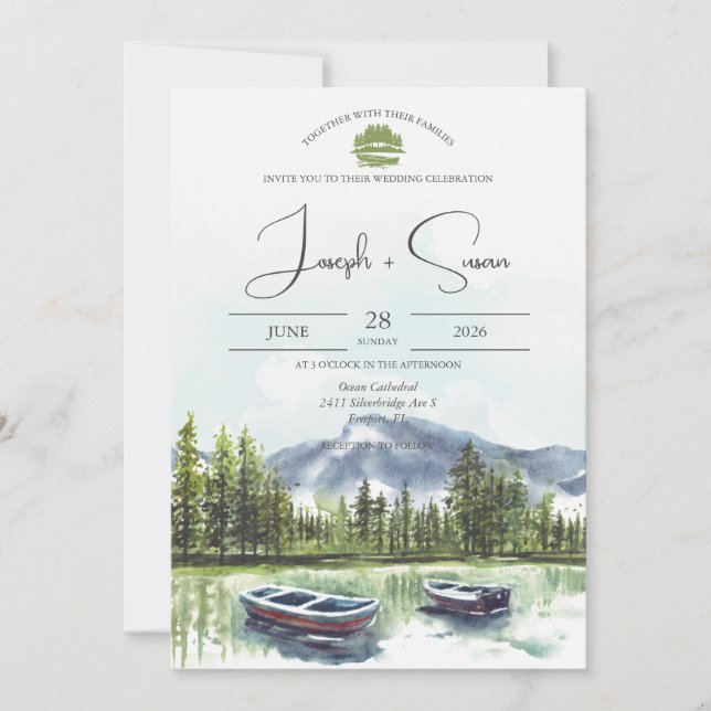 Convite Casamento Rustic Watercolor Mountain Lake Greenery (Frente)