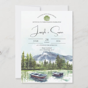 Convite Casamento Rustic Watercolor Mountain Lake Greenery
