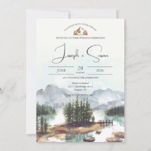 Convite Casamento Rustic Watercolor Mountain Lake Pine Tre