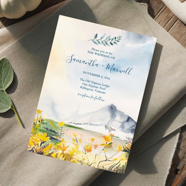 Convite Casamento Rustic Watercolor Primavera Mountain (Mountain wedding invitations features original watercolor art by Victoria Grigaliunas)
