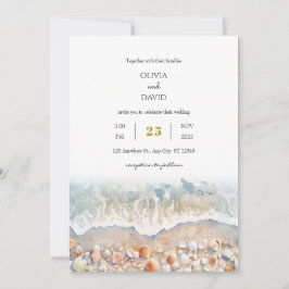 Convite Casamento Rustic Watercolor Shell White Sandy Beac
