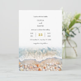 Convite Casamento Rustic Watercolor Shell White Sandy Beac