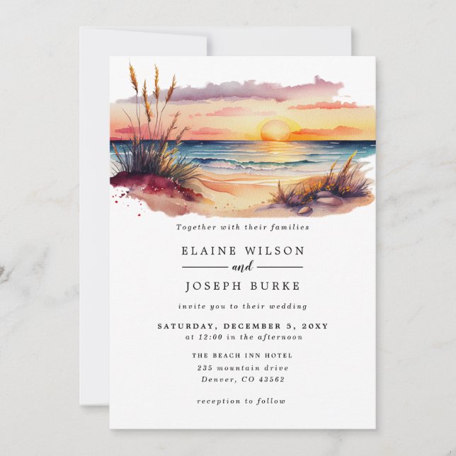 Convite Casamento Rustic Watercolor Sunset Beach Seascape (Frente)