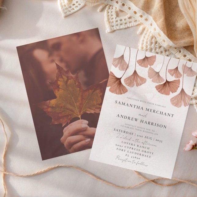 Convite Casamento Rustic Watercolor Terracotta Ginkgo (Criador carregado)
