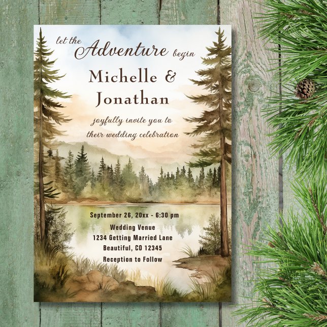 Convite Casamento Rustic Watercolor Woodland Lake Adventur (Front - Rustic Watercolor Woodland Lake Adventure Wedding Invitation)