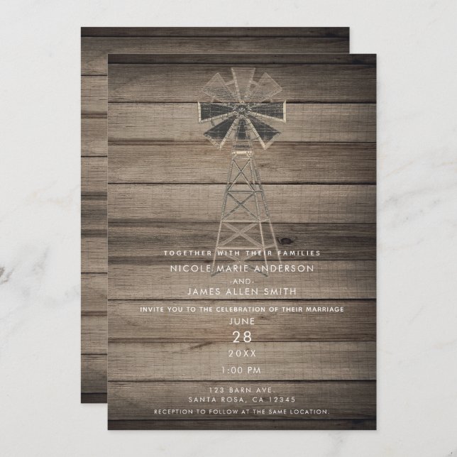 Convite Casamento Rustic Weathered Wood Country Wind Mill (Frente/Verso)