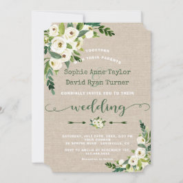Convite Casamento Rustic White Floral Burlap com Escrita M