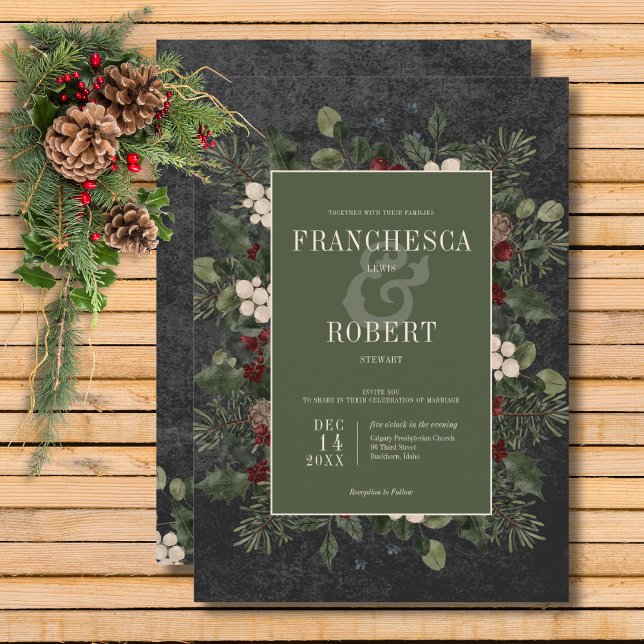 Convite Casamento Rustic Winter Berries & Pine Black (Rustic Winter Berries & Pine Black Wedding Invitation)
