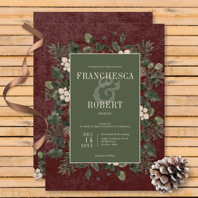 Convite Casamento Rustic Winter Berries & Pine Burgundy (Rustic Winter Berries & Pine Burgundy Wedding Invitation)