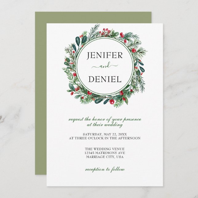 Convite Casamento Rustic Winter Berry Pine Greenery (Frente/Verso)