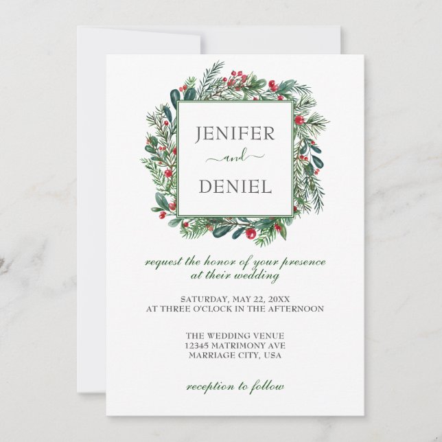 Convite Casamento Rustic Winter Berry Pine Greenery (Frente)
