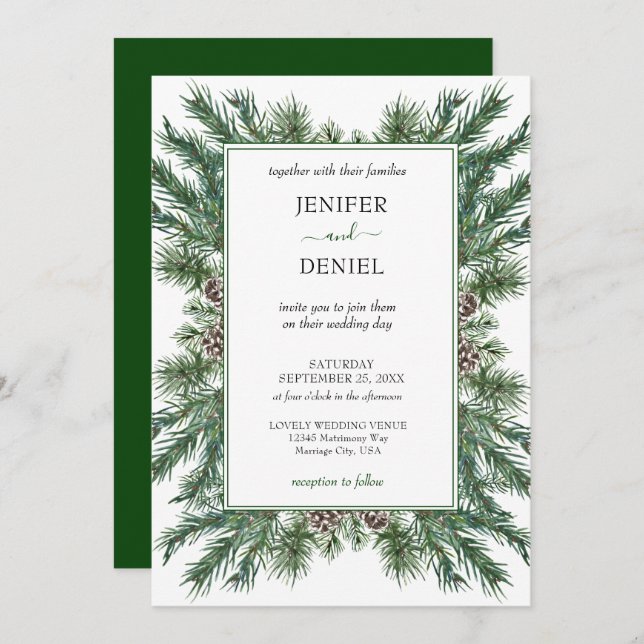 Convite Casamento Rustic Winter Berry Pine Greenery (Frente/Verso)