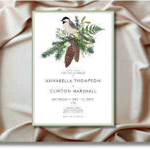 Convite Casamento Rustic Winter Bird & Pine Frame