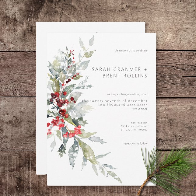 Convite Casamento Rustic Winter Holly Berries & Snow (Rustic Winter Holly Berries & Snow Wedding Invitation)