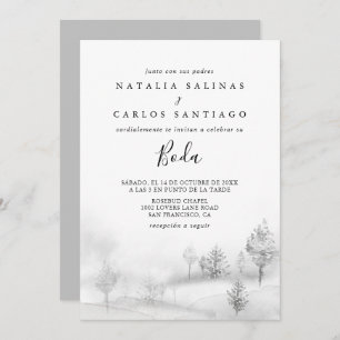 Convite Casamento Rustic Winter Mountain Front and Back Bo