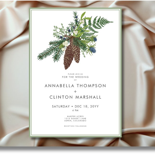 Convite Casamento Rustic Winter Pine & Berries Spray (Rustic Winter Pine & Berries Spray Wedding Invitation)