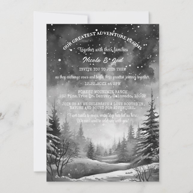 Convite Casamento Rustic Winter Pine Tree Snow Outdoorsy (Frente)
