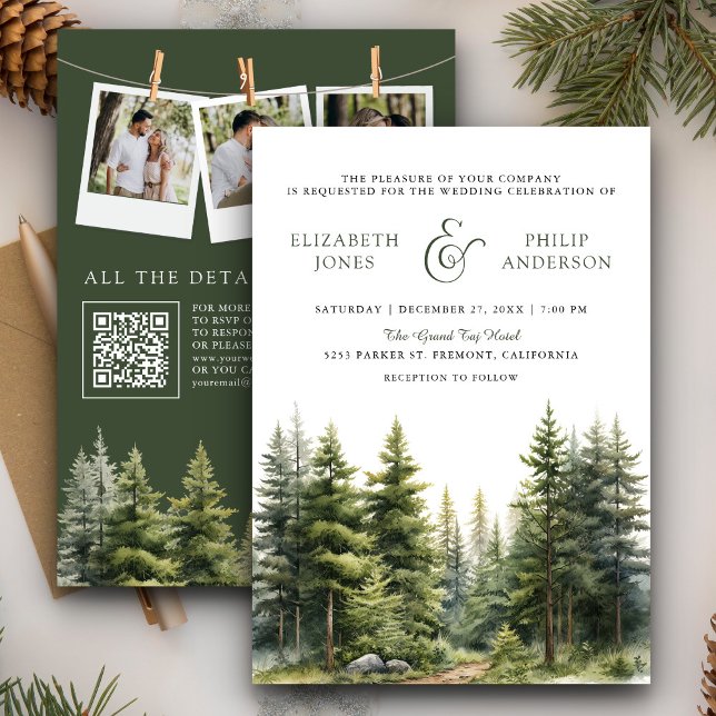 Convite Casamento Rustic Winter Pine Trees Forest Código Q (Criador carregado)