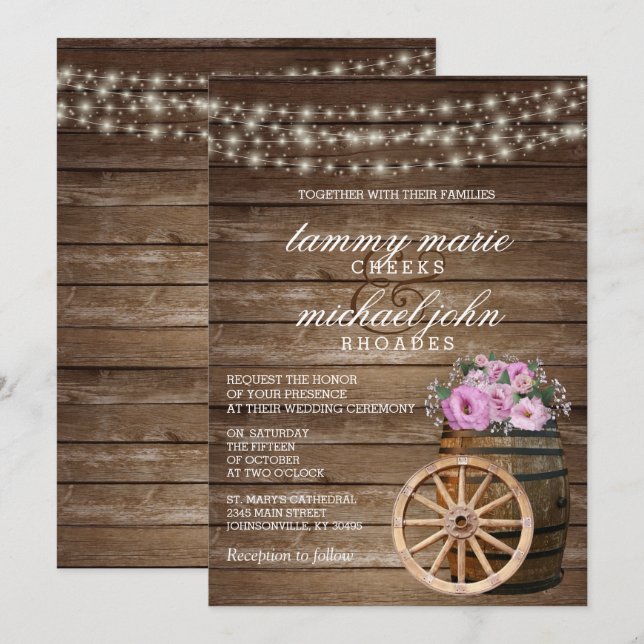 Convite Casamento Rustic Wood Barrel com Bonito Floral Ros (Frente/Verso)