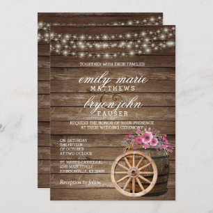 Convite Casamento Rustic Wood Barrel com Floral Rosa