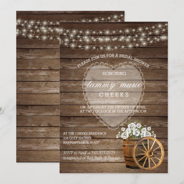 Convite Casamento Rustic Wood Barrel com Flores Brancas (Frente/Verso)