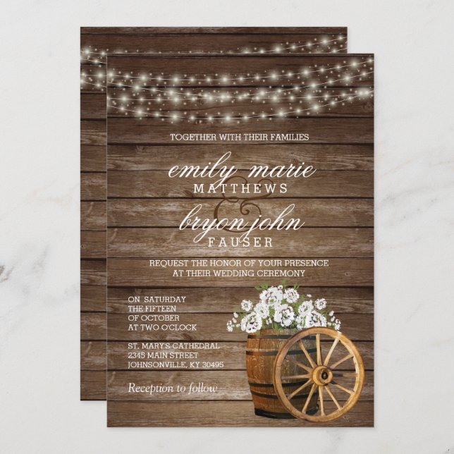 Convite Casamento Rustic Wood Barrel com White Floral (Frente/Verso)