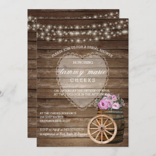 Convite Casamento Rustic Wood Barrel e Flores Rosa
