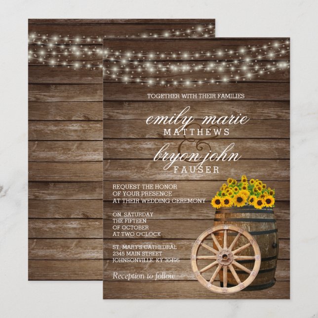 Convite Casamento Rustic Wood Barrel e Sunflower (Frente/Verso)