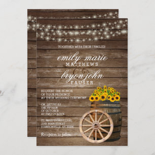 Convite Casamento Rustic Wood Barrel e Sunflower