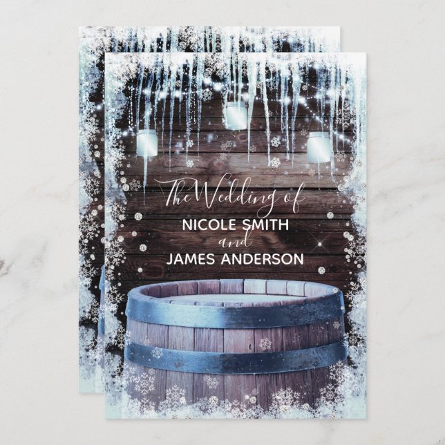 Convite Casamento Rustic Wood Barrel & Lights Winter Barn (Frente/Verso)