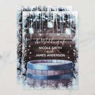Convite Casamento Rustic Wood Barrel & Lights Winter Barn