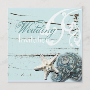 Convite Casamento Rustic Wood Blue Seashell Coastal Beach