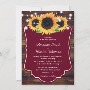 Convite Casamento Rustic Wood Burgundy Sunflower