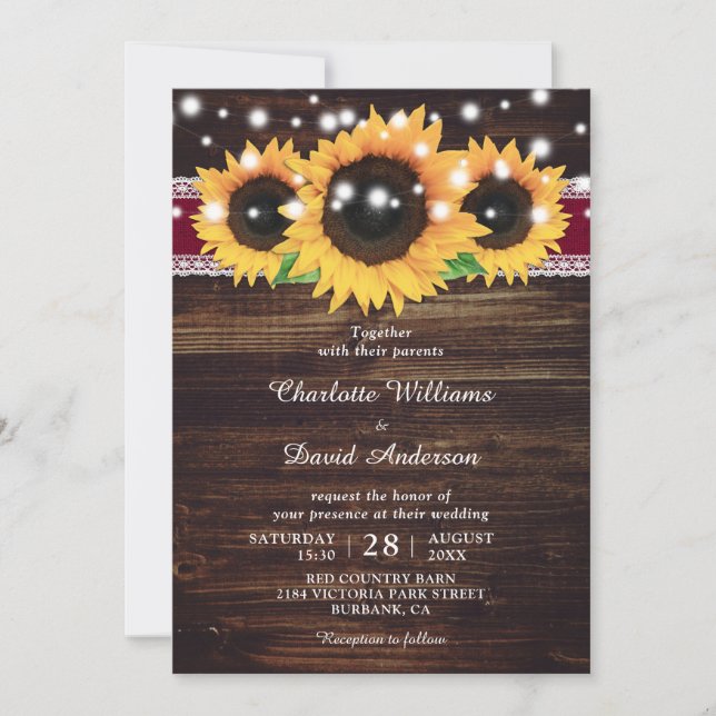 Convite Casamento Rustic Wood Burlap Sunflower Burgundy (Frente)