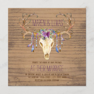Convite Casamento Rustic Wood Deer Antler Skull Southweste