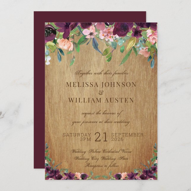 Convite Casamento Rustic Wood Floral Marsala (Frente/Verso)